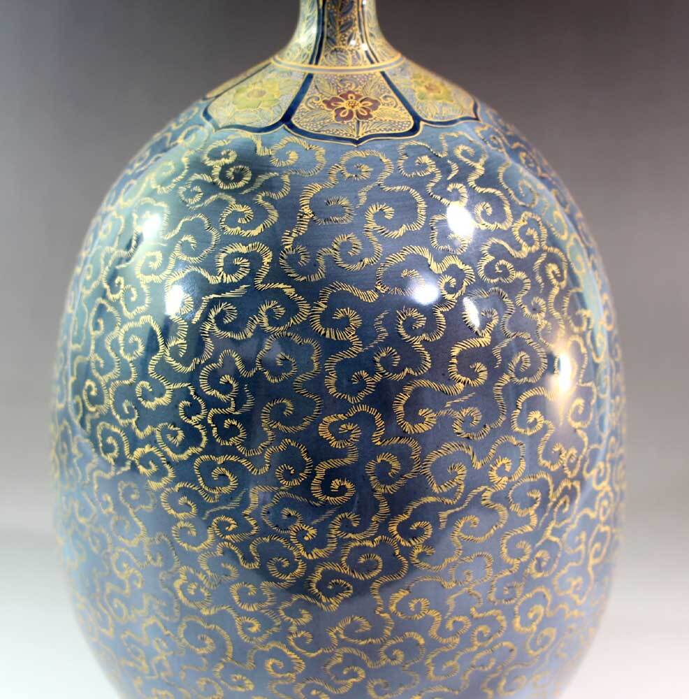 極上手・金襴手様式釉裏彩龍絵花瓶 陶芸作家 藤井錦彩 作 桐箱入り