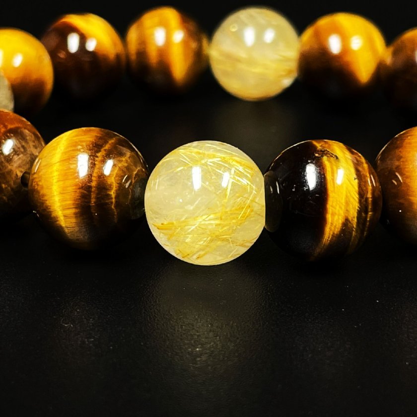 金運を招き寄せる数珠］金針水晶 ゴールドルチル 虎目石 タイガーアイ