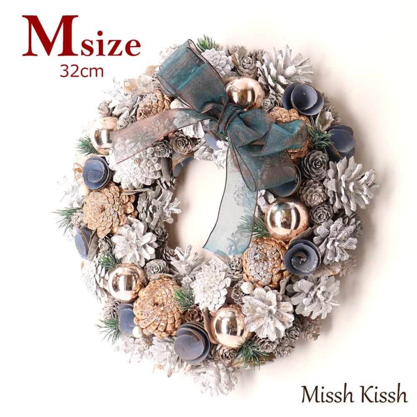 クリスマスリース 32cm リボン まつぼっくり Mサイズ Champagne