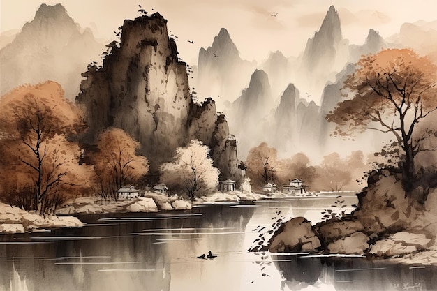 山と川を描いた伝統的な中国風の水墨画の風景画 静けさを呼び起こす
