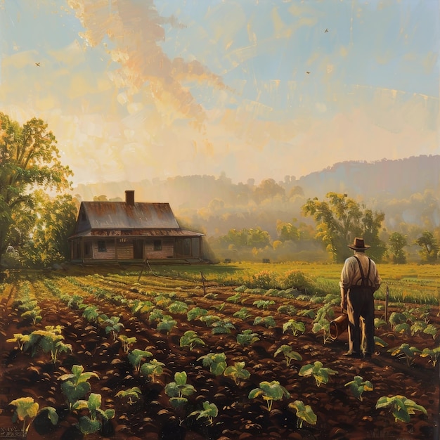 A painting depicting a farmer working in a field tending to his