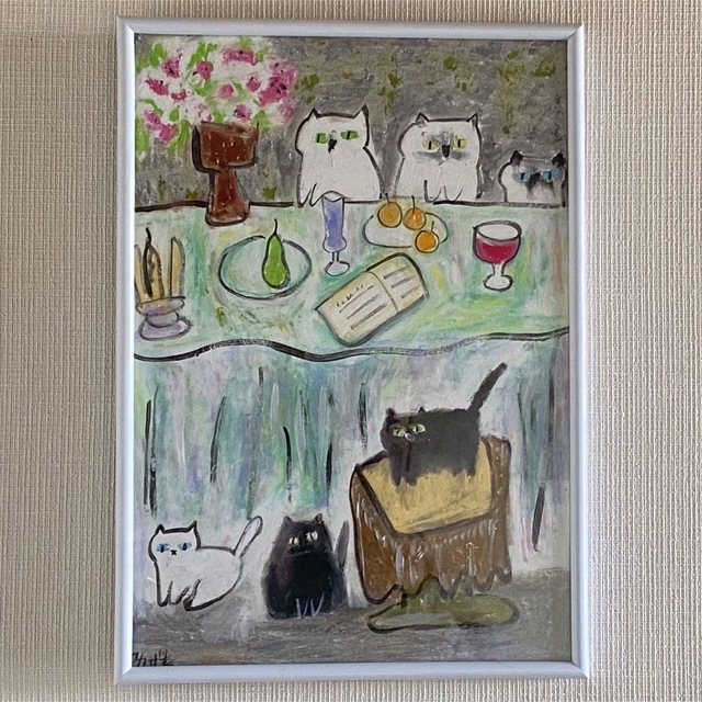 絵画 。手描き【かわいい猫たちが花、ワイン、果物のテーブルを囲んで