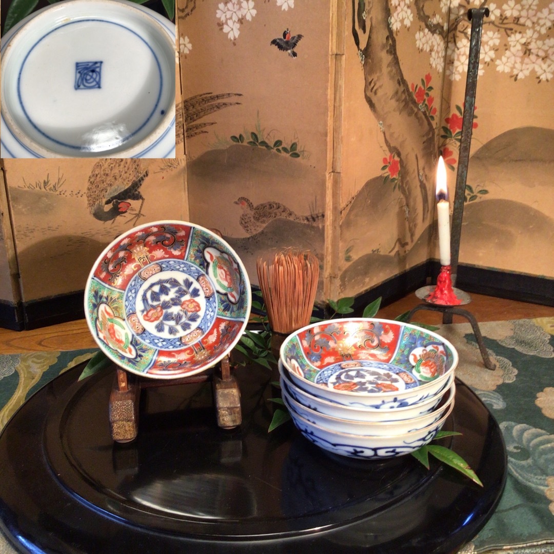 A745 古伊万里 極上 大聖寺伊万里 金蘭手 見込牡丹窓絵鳳凰紋様 5枚の