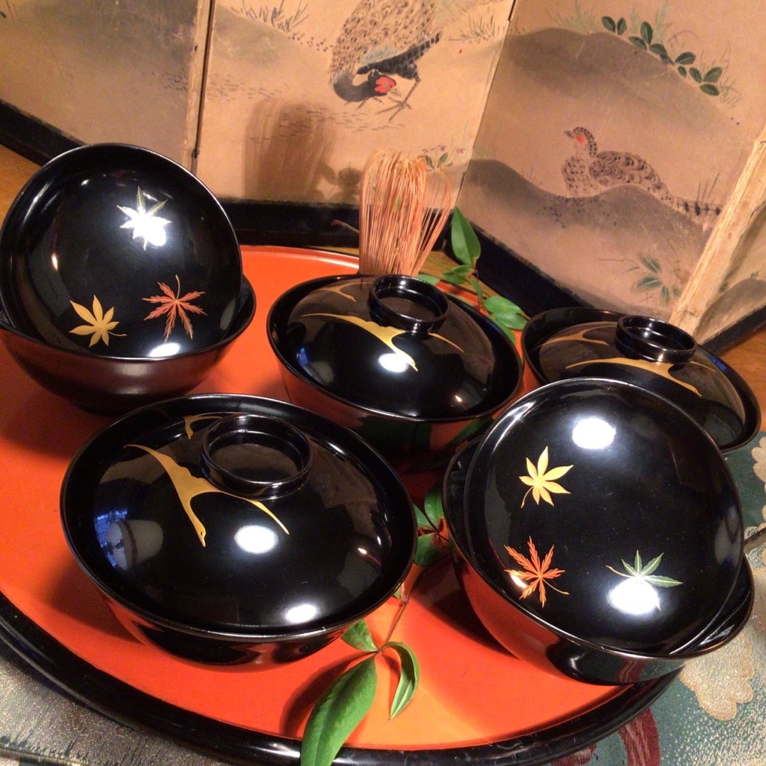 A762 木製輪島塗 懐石道具 黒塗 鶴に紅葉蒔絵 吸い物椀 5客