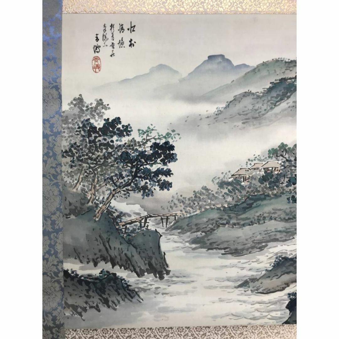 真作/青坡/山村清境/山水図/江村図/横物/掛軸☆宝船☆AD-133の通販 by