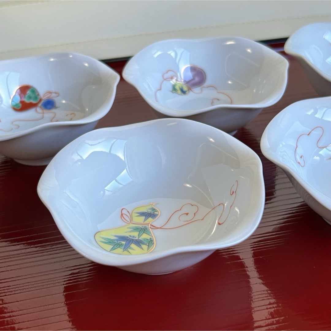 深川製磁 - 深川製磁 花ひょうたん 小鉢揃 5枚セット 白磁 色絵 金彩