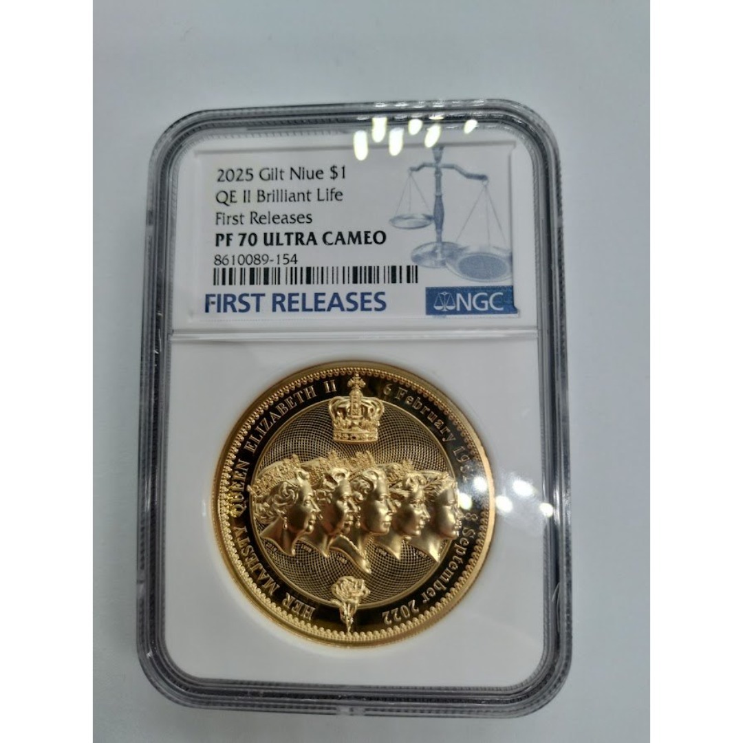 NGC PF70 ニウエ 2025 エリザベス2世追悼記念 1ドル金メッキ銅貨