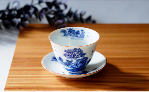 有田焼 手描き 山水絵 せん茶碗皿セット 小 【起山窯】食器 器 うつわ
