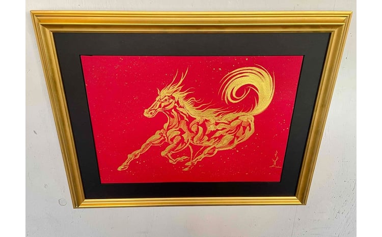 現代水墨画家 絵師白道「丙午 龍馬」赤ゴールド｜絵画 アート