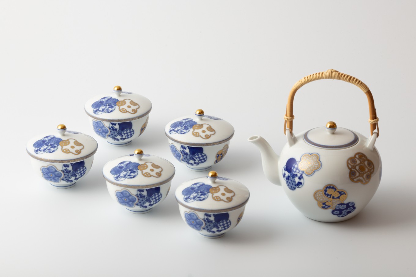 セット】有田焼 染錦梅花祥瑞・茶器揃(土瓶1個、蓋付湯呑5個) 香蘭社