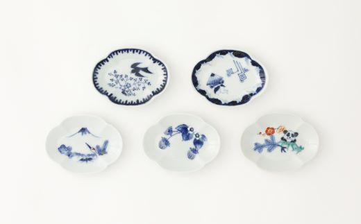 たなかふみえ】有田焼／絵がわり木瓜型豆皿 5枚セット - 佐賀県NPO支援