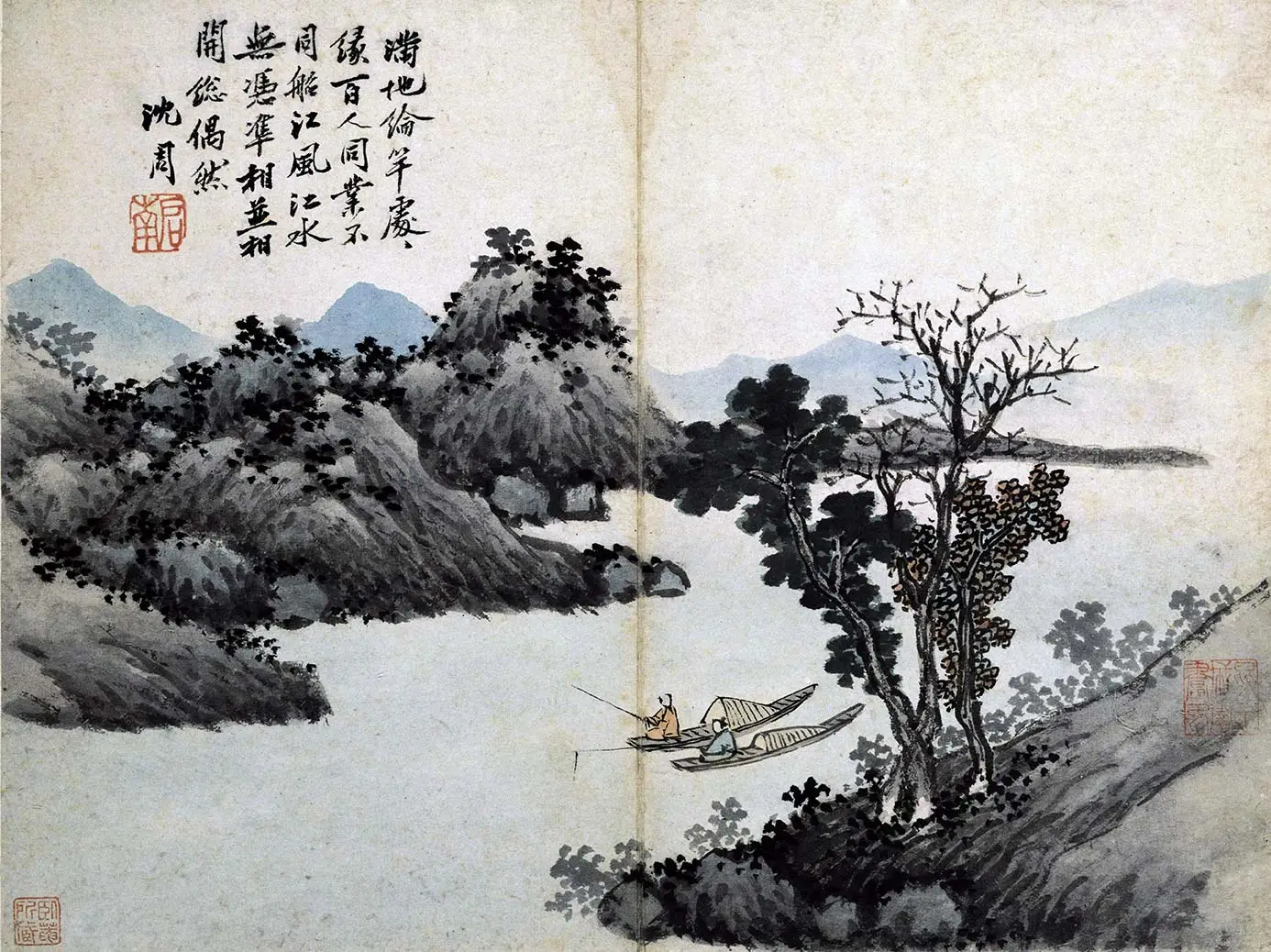 沈周水墨山水画《秋江钓艇图》页- 国画作品高清大图下载- 集古作网