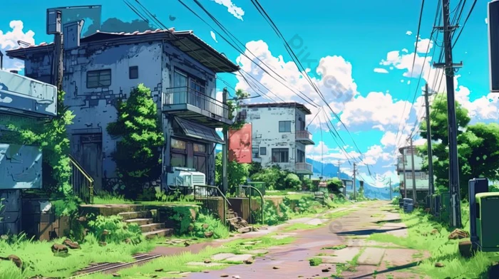静かな田舎町のアニメ風の風景の背景 背景｜PNG 無料ダウンロード