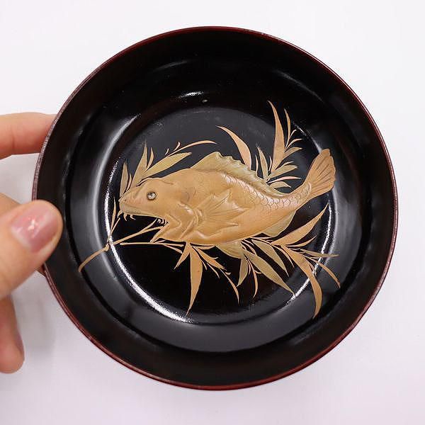 大正風情溢れる魚蒔絵漆塗り小皿希少アンティーク