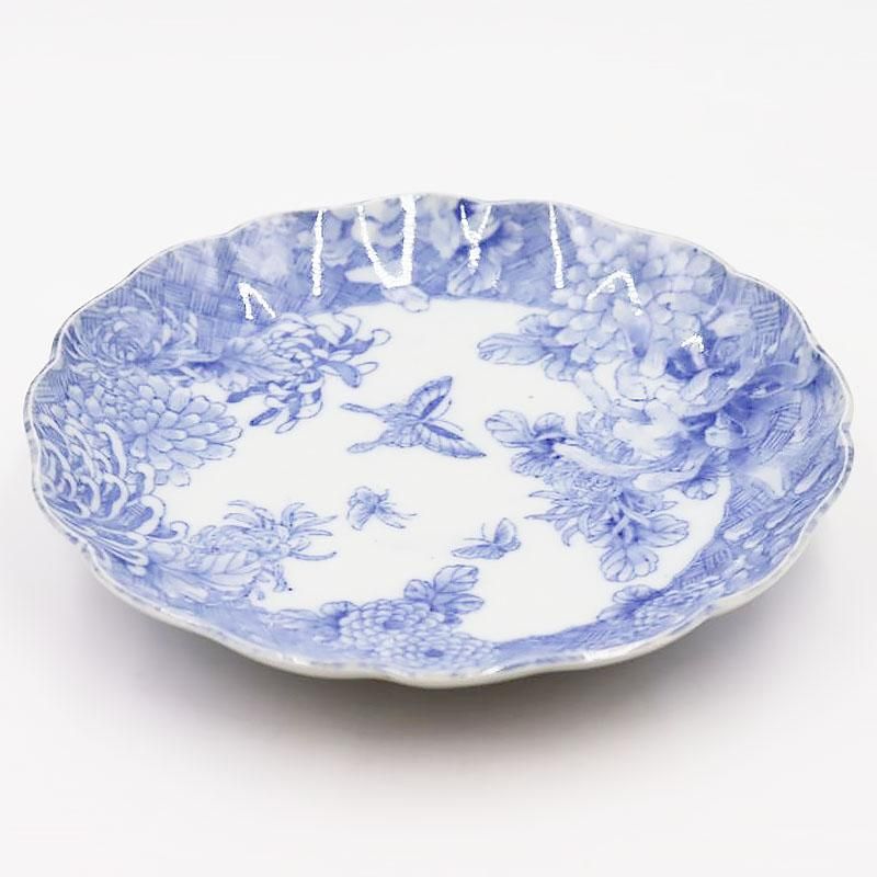 藍色の骨董和食器｜直径22 高さ3.5｜かわいい蝶・菊デザイン
