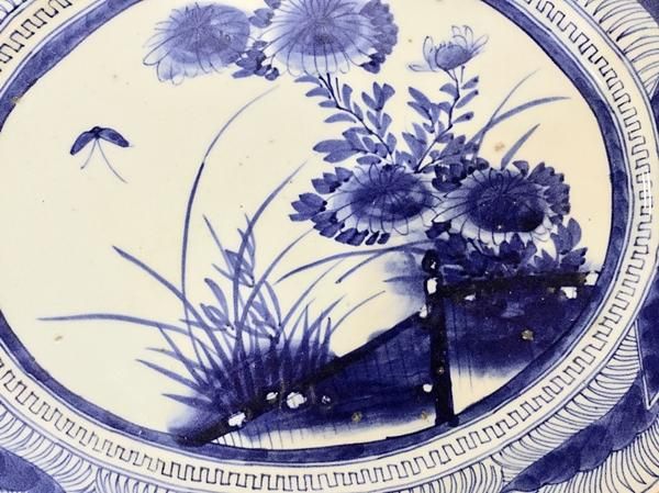 手描き染付アンティーク和食器｜楕円絵皿｜昭和初期