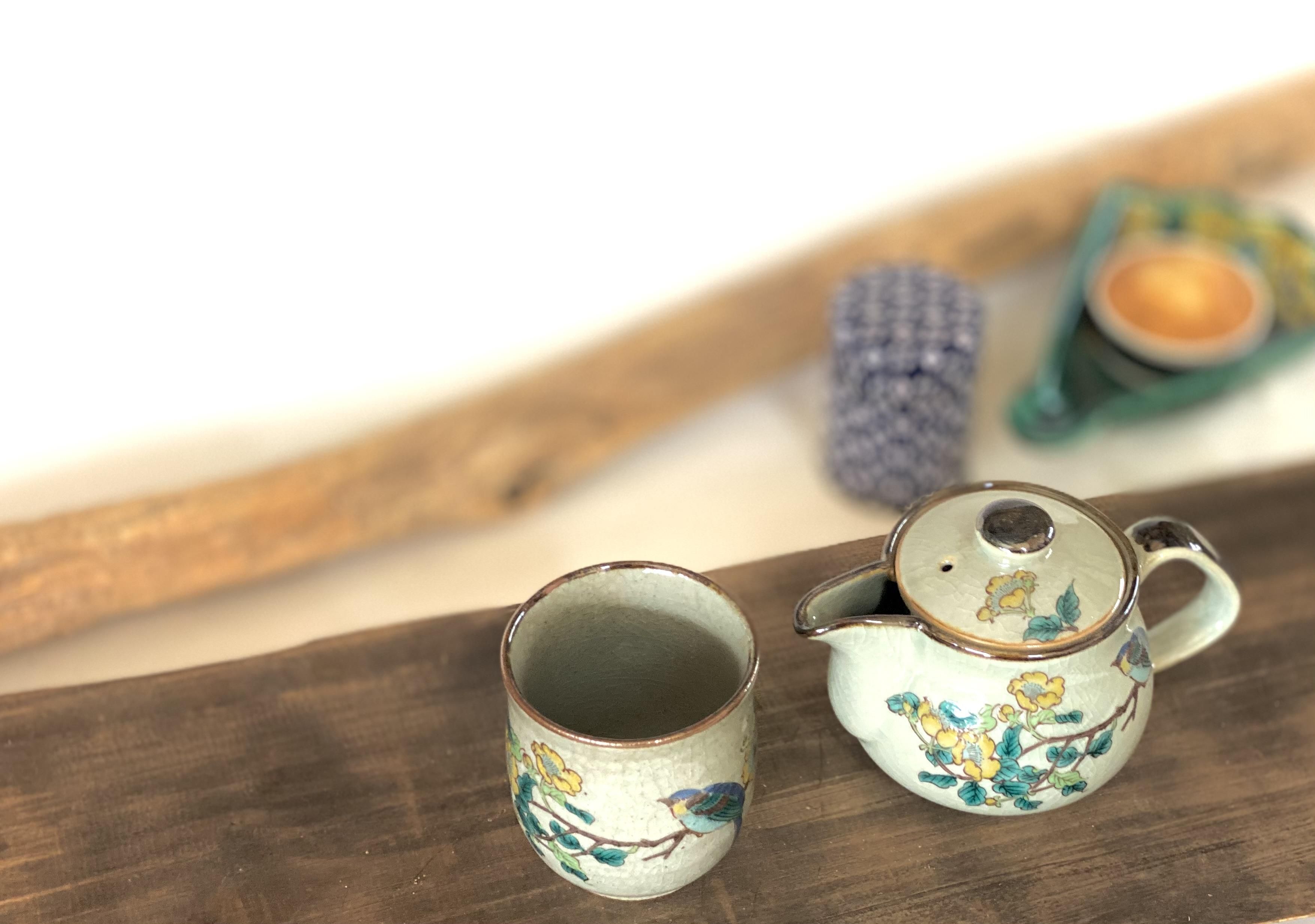 九谷焼 急須2点セット 小 金糸梅に鳥 裏絵-百華園