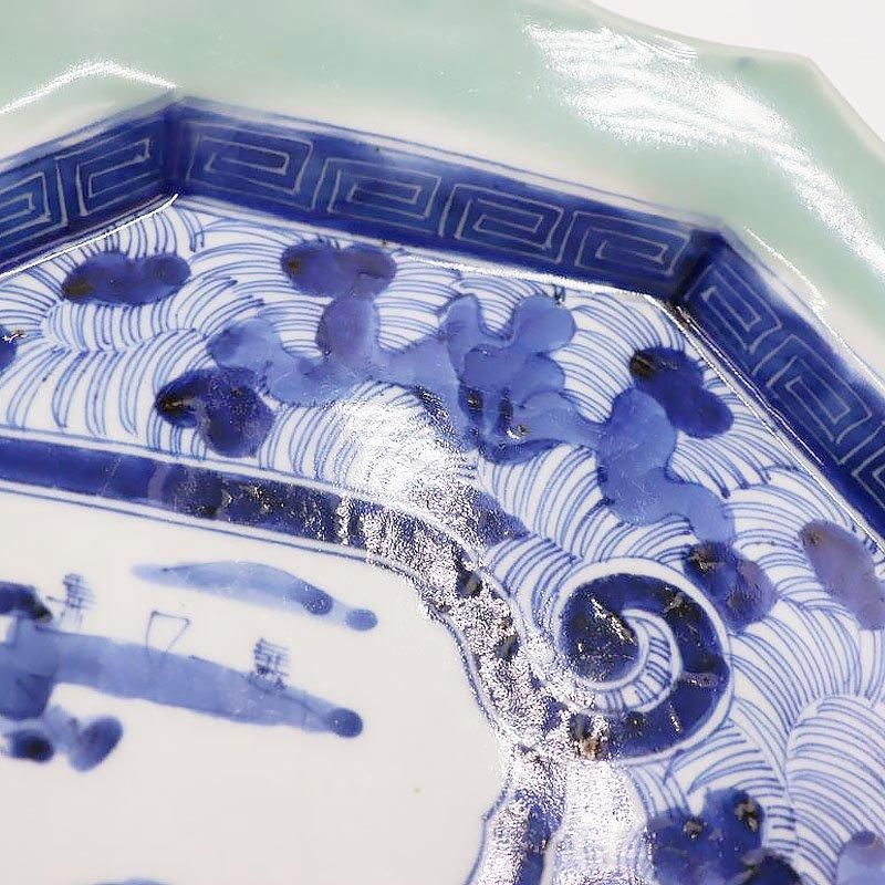 アンティーク 金継ぎ 青磁 染付 花形大皿 明治大正 和骨董
