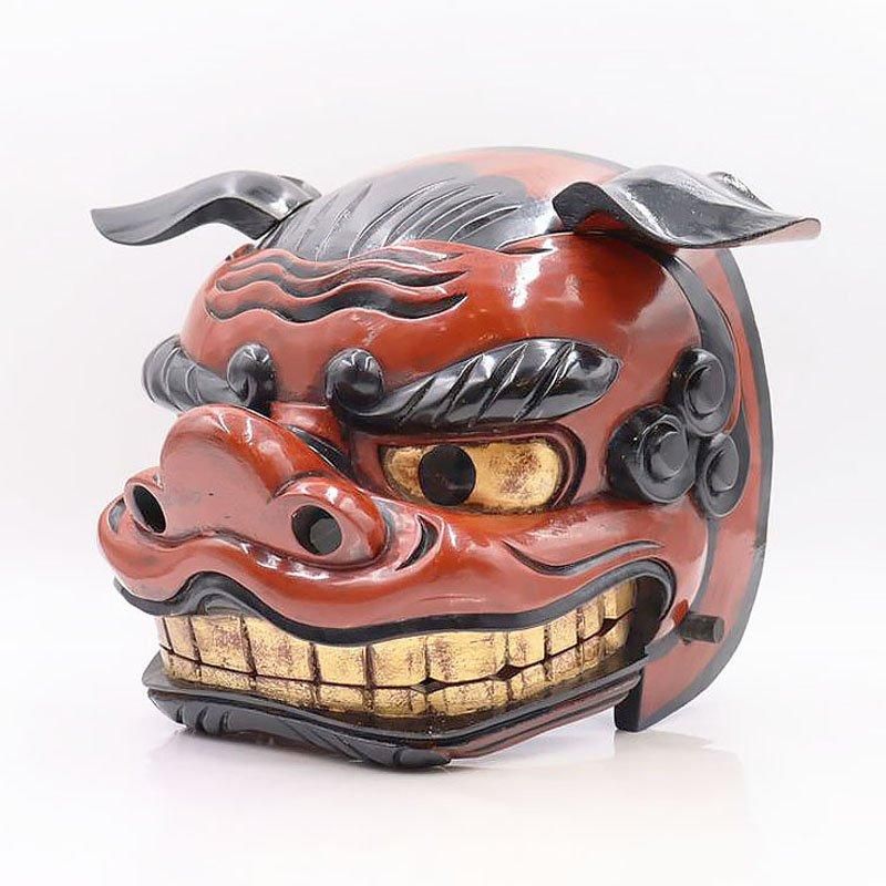 木彫 漆塗り 獅子頭 赤獅子 アンティーク工芸品