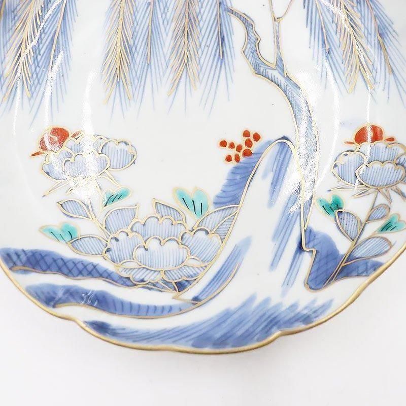 柳・牡丹」アンティーク手描き色絵中皿 明治大正時代