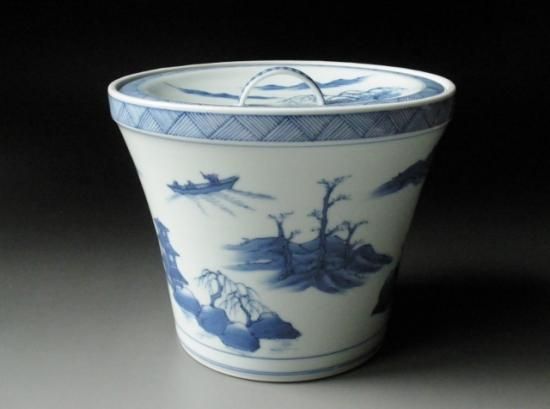 染付 山水絵末広水指 (共箱)三代 紫翠窯 西村徳泉 - 茶道具販売 栗林園