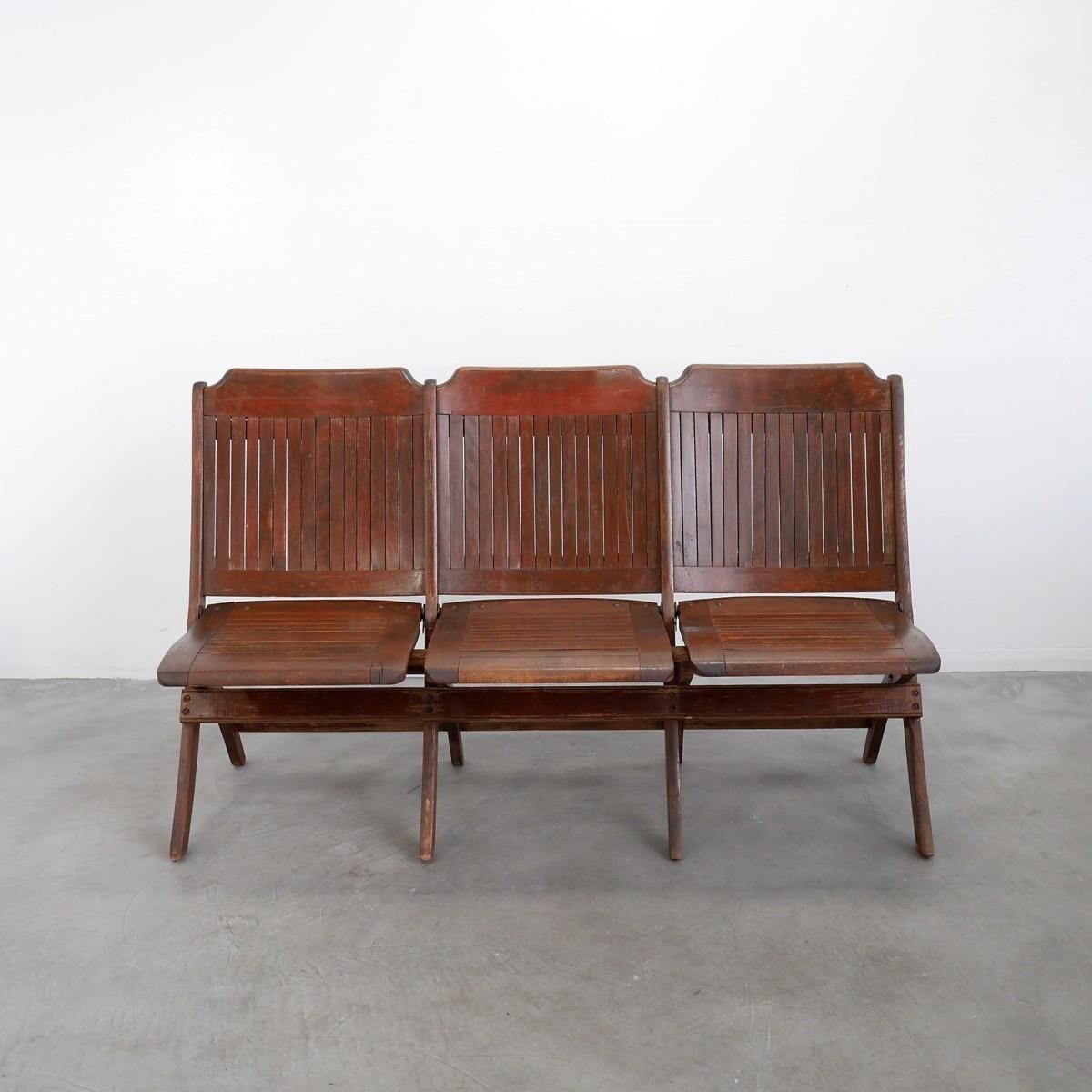 3152 アメリカ 1920s-30s 折りたたみ木製3連ベンチ シアターチェア