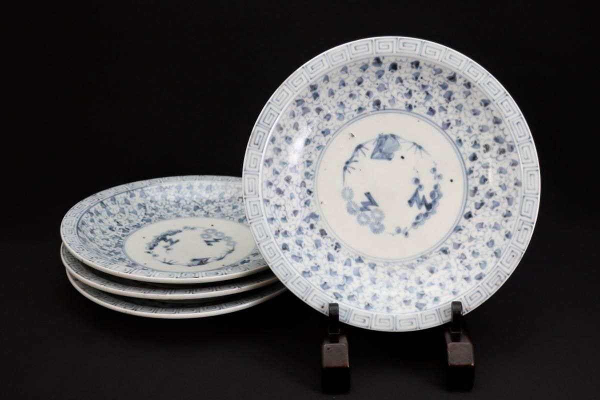 伊万里染付萩唐草文七寸皿 四枚組 / Imari Blue & White Plates set of