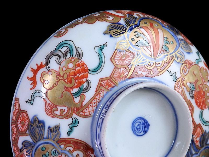 古伊万里 金襴手 玉乗り獅子に宝珠図 大振蓋茶碗