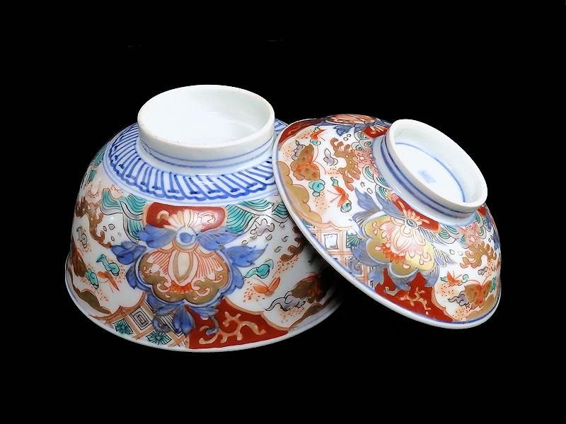 古伊万里 金襴手 菊花四方襷紋 蝶に花図 蓋茶碗