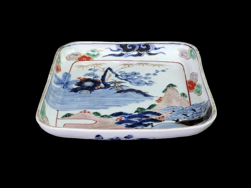 古伊万里 染錦 山水に松竹梅図 角皿