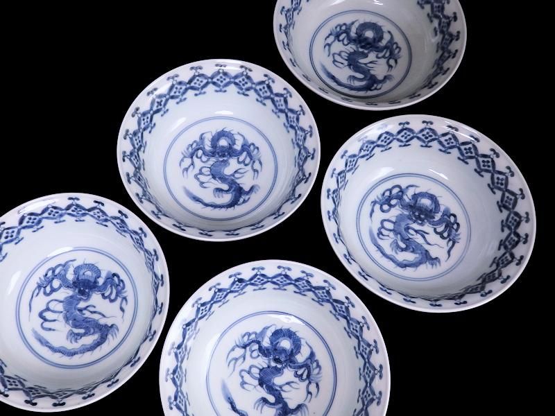 古伊万里 染付 七宝繋ぎ紋に龍の図 膾皿 5枚セット