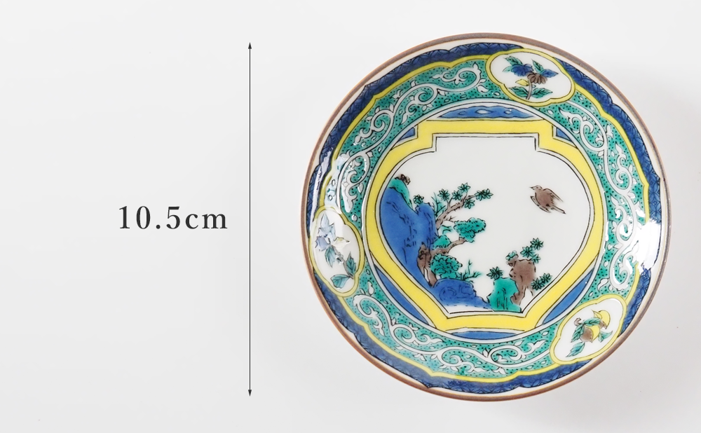 31日の九谷豆皿（10.5cm） 古九谷色絵壺花鳥図／青郊窯