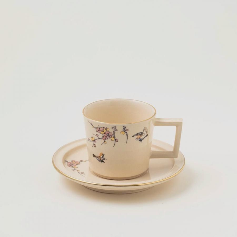 白薩摩コーヒー碗皿(梅雀)[シロサツマコーヒーワンザラ（ウメスズメ