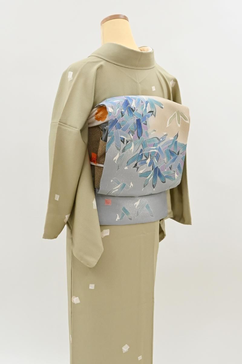 銀座【H-0764】染織工芸作家 田村信之作 染名古屋帯 亜麻色×淡い灰青色