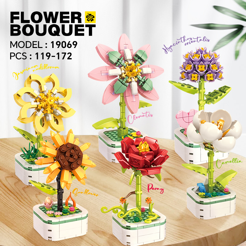6-Type Flower Bouquet Building Set with Built-in Base - 119-172pcs