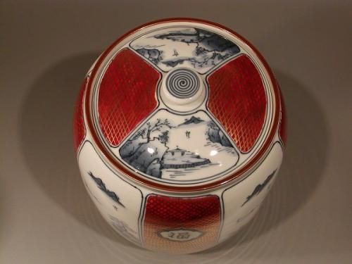 水指 染付 金襴手 山水文、 手塚祥堂（てづか しょうどう）作 - 茶道具