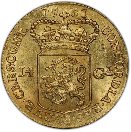 オランダ ホラント 1751 14グルデン 金貨 馬上の騎士 PCGS MS62! 最高
