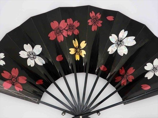 舞扇子の扇亘】A2597 舞扇子 カラフル桜柄 高級光沢紙黒【箱なし