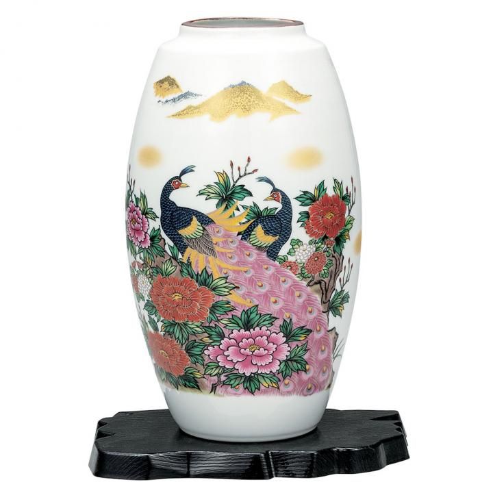 9号花瓶 色牡丹孔雀（台付）