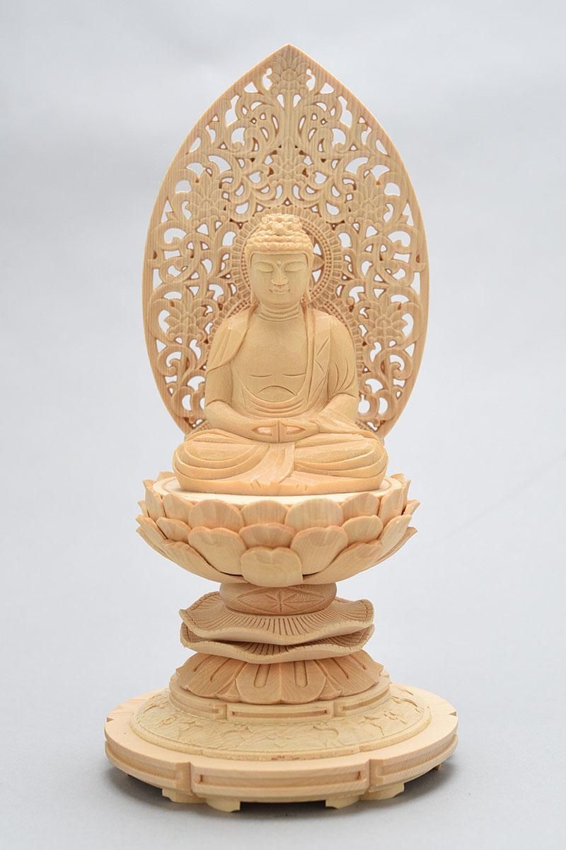 天台宗】白木製 阿弥陀如来(座像/2.5寸) 丸台座 唐草光背 仏像 - 仏壇