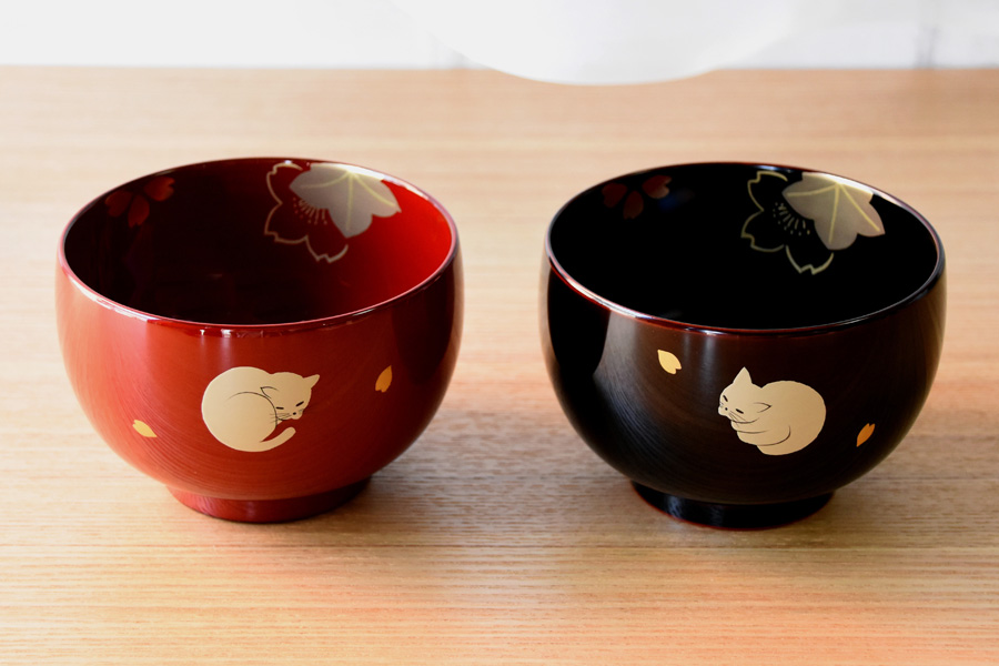 汁椀 ネコ内桜 古代朱/溜 漆塗り 12-02101/02102 漆器の井助