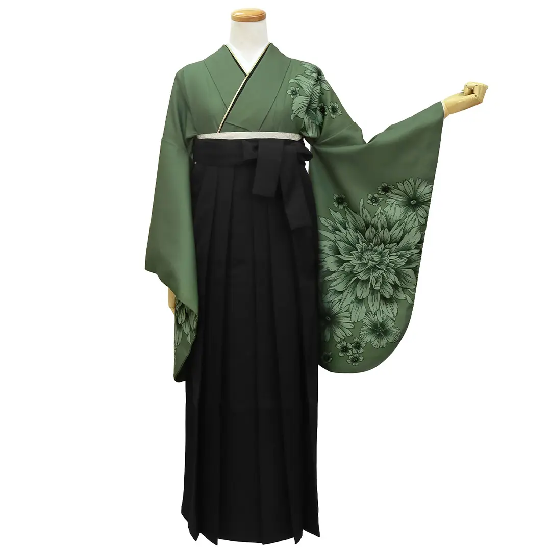 黒チェックにダリア・深緑袴（無地） （二尺袖）／卒業式 | 宅配着物