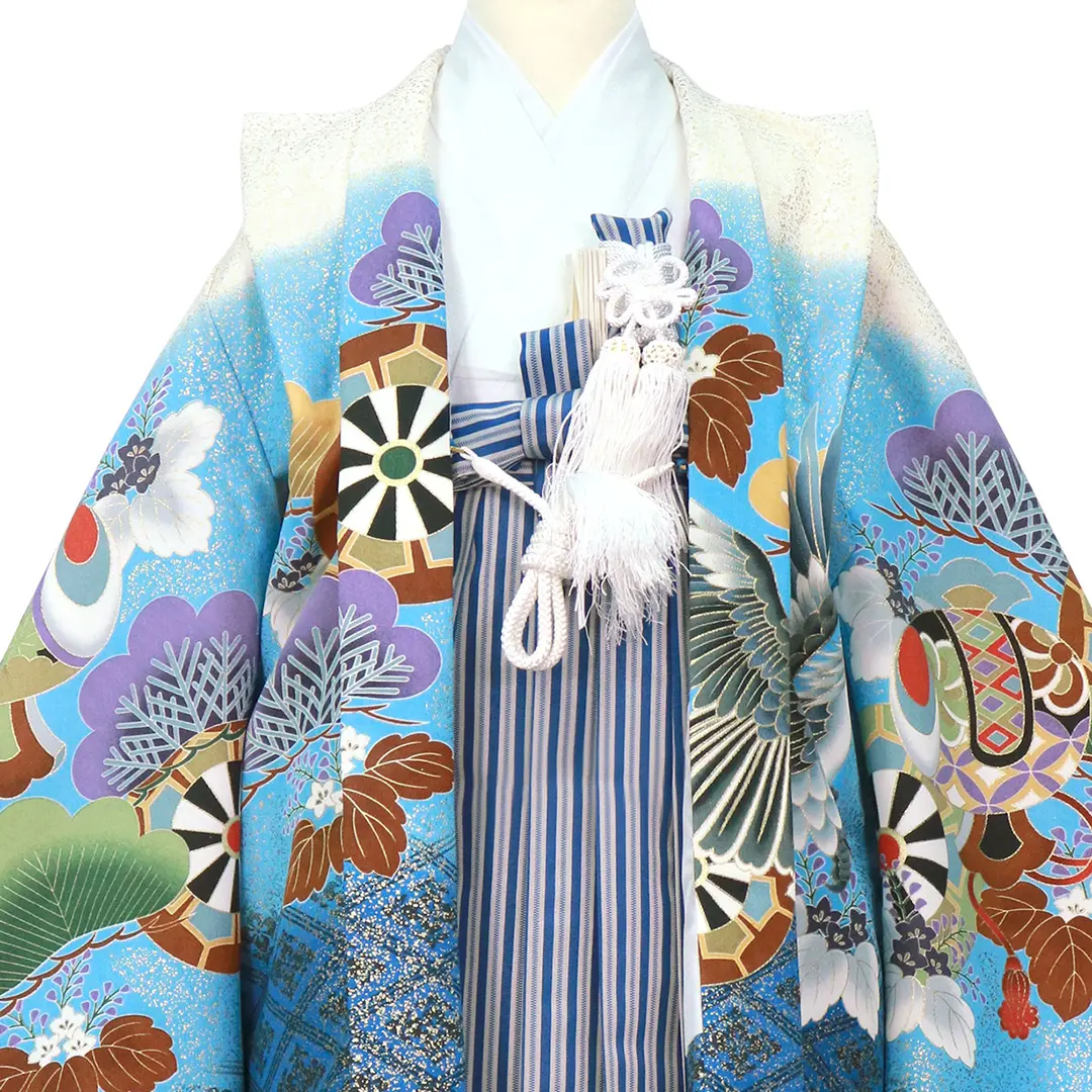 金箔の白と水色に鷹と松、紺縞の袴／七五三・五歳男の子・袴 | 宅配