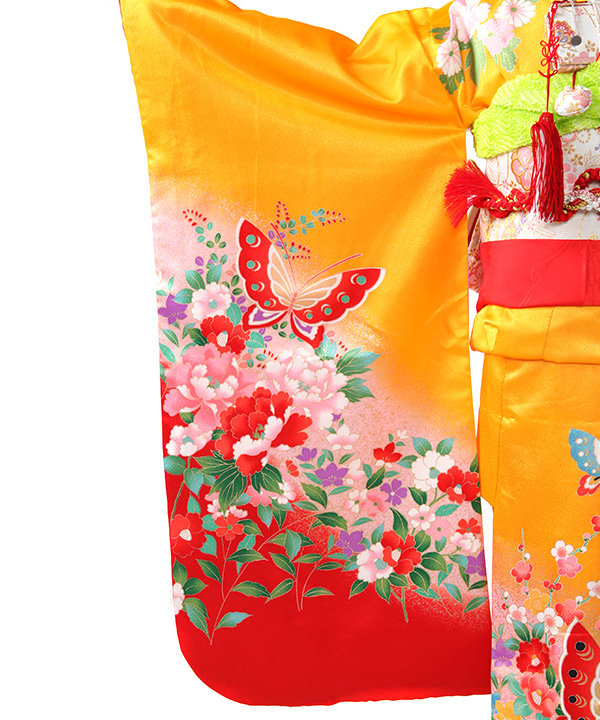 七五三(七歳女の子)着物レンタル｜山吹色に蝶と花々柄着物×白作り帯