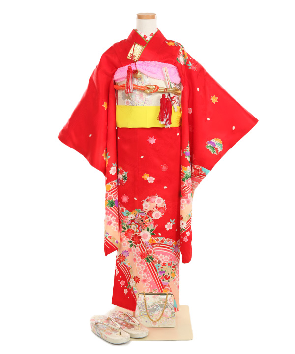 七五三(七歳女の子)着物レンタル｜赤に四季草花柄着物×白作り帯｜W-G-7