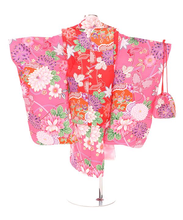 七五三(三歳女の子)着物レンタル｜菊柄ピンク色着物×赤被布｜W-G-3-90