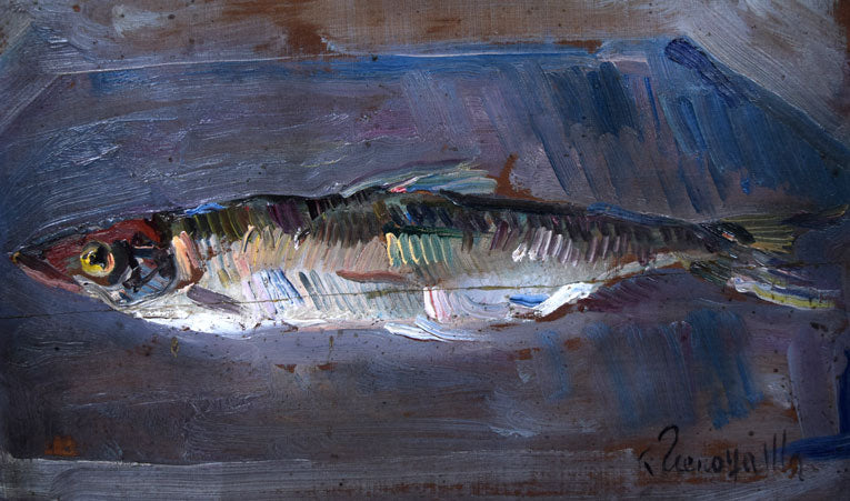 上野山清貢「魚を写す」油絵・F4号 絵画買取・販売の小竹美術