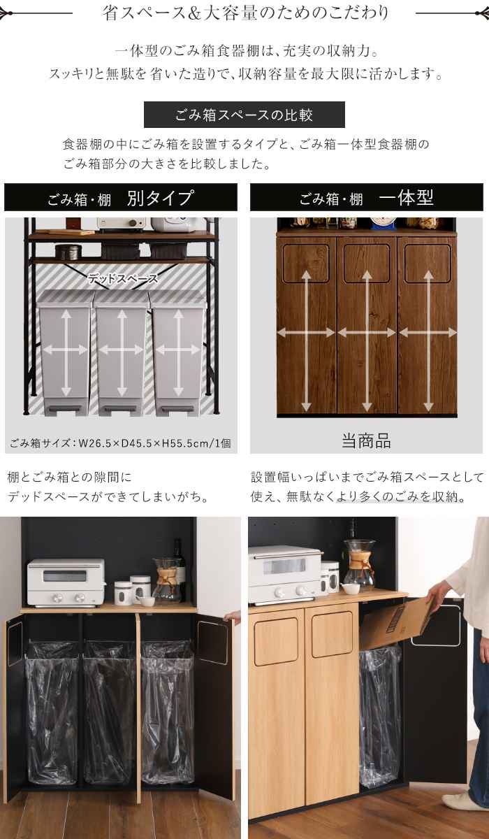 ゴミ箱一体型食器棚 幅80cm ゴミ箱3つタイプ45L対応 ヴィンテージ