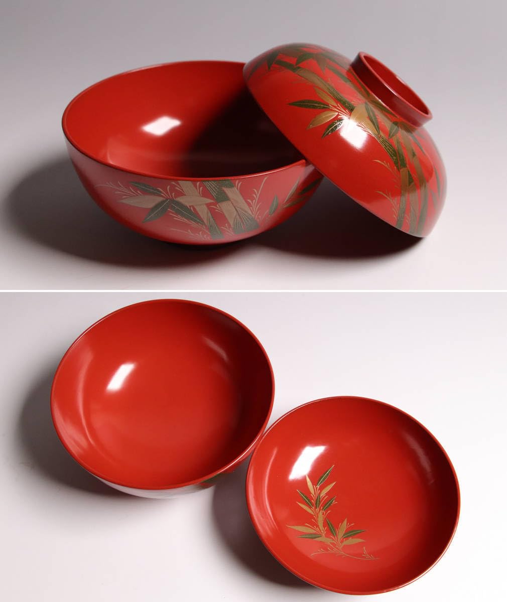 Amazon.co.jp: CG34輪島塗時代木製漆器竹笹蒔絵朱塗御吸物椀五客伝統