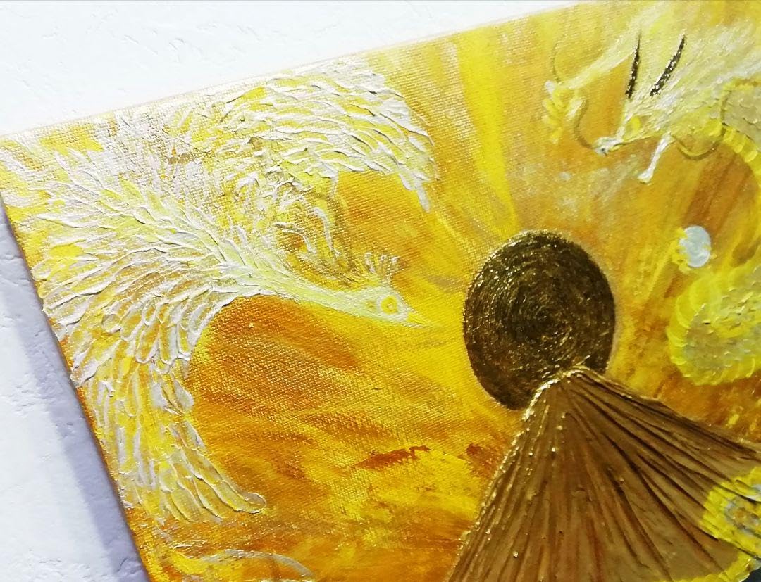 Amazon.co.jp: 風水開運黄金絵画金箔陽光 黄金昇龍と鳳凰日の出金富士